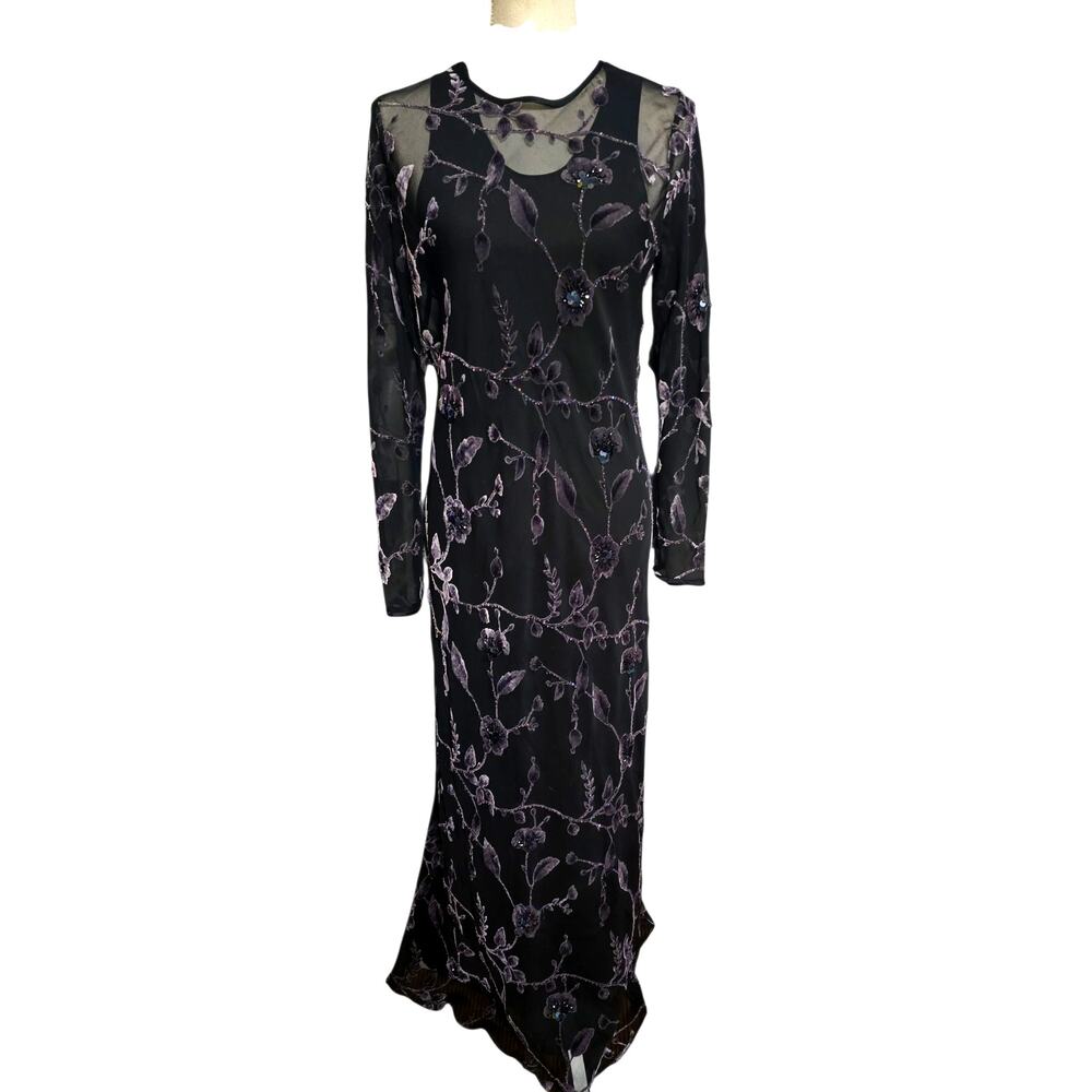 Vintage Long Sleeve Dress with Sheer Beaded and Sequined Detail Overlay